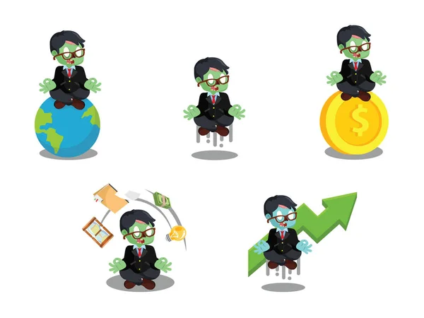 Zombie businessman meditating cartoon set — Stock Vector