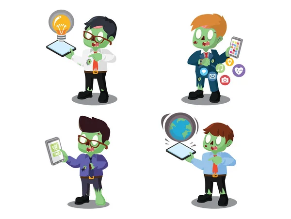 Zakelijke zombie met smartphone cartoon set — Stockvector