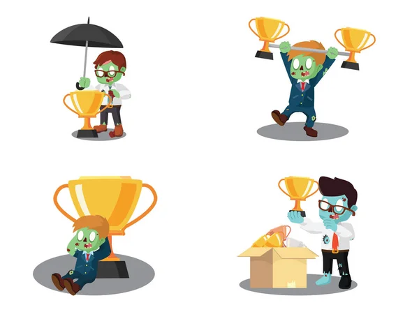 Business-Zombie mit dem Trophäen-Cartoon-Set — Stockvektor