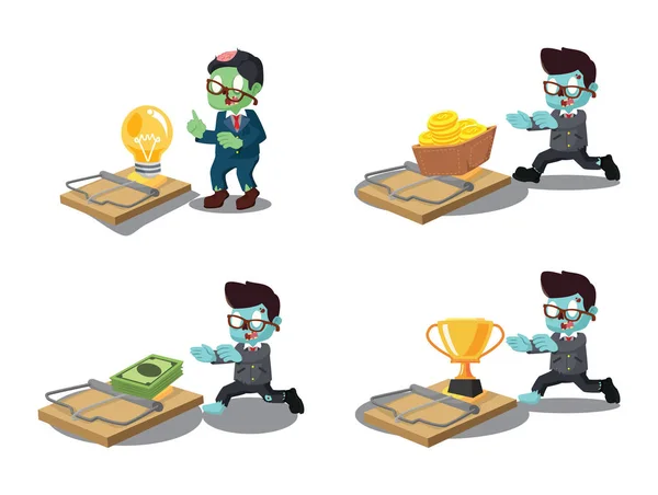 Business zombie with trap cartoon set — Stock Vector