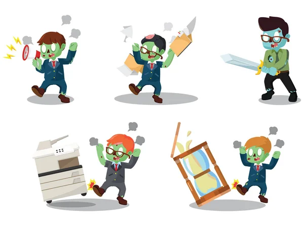 Negocio zombie enojado conjunto de dibujos animados — Vector de stock