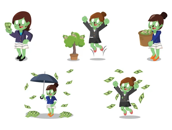 Zombie-Geschäftsfrau mit Geld-Cartoon-Set — Stockvektor