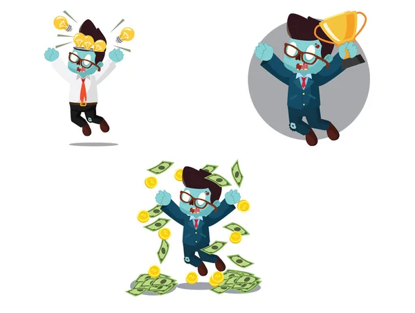 Zombie-Geschäftsmann glücklich Cartoon-Set — Stockvektor