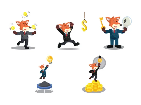 Üzleti fox boldog rajzfilm szett — Stock Vector