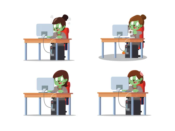 Zombie zakenvrouw werken infront computer cartoon instellen — Stockvector