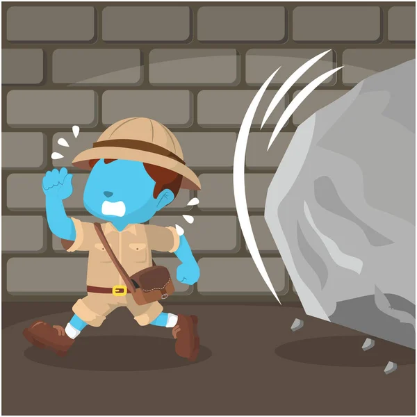 Bleu garçon explorateur courir à partir de rocher — Image vectorielle