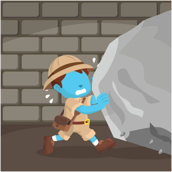 Blauwe jongen explorer duwen boulder — Stockvector