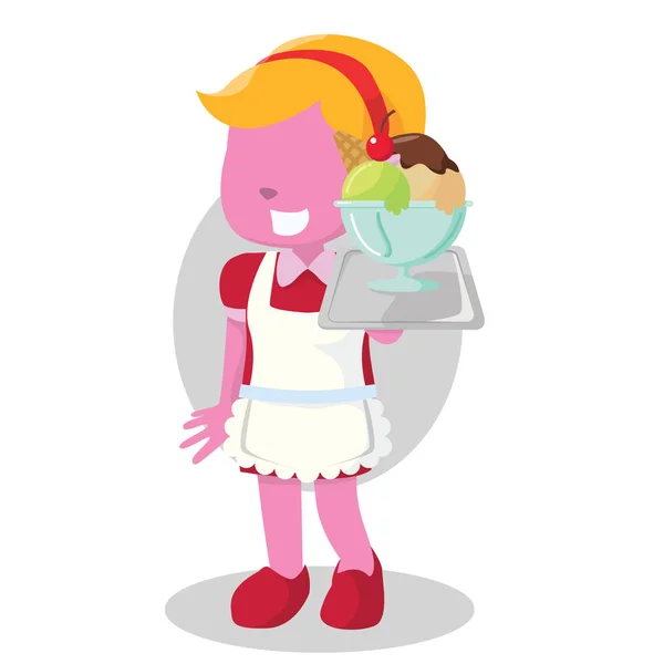 Růžová holka servírka nesoucí poháry icecream — Stockový vektor
