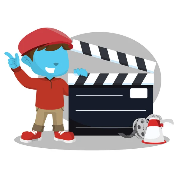 Blue boy movie director with giant clapboard — Stock Vector