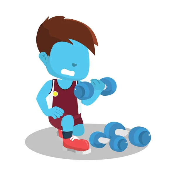 Chico azul haciendo ejercicio con dumbell — Vector de stock