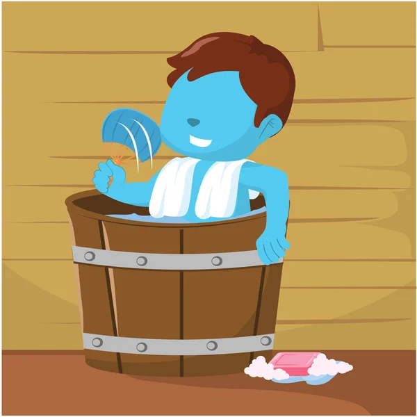 Синій хлопчик приймає ванну в дерев'яній ванні — стоковий вектор