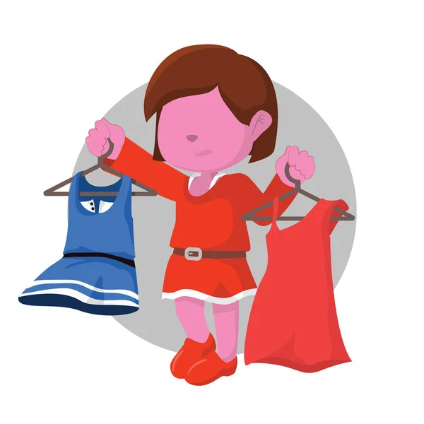 Розовая девушка путается выбирая платье — стоковый вектор