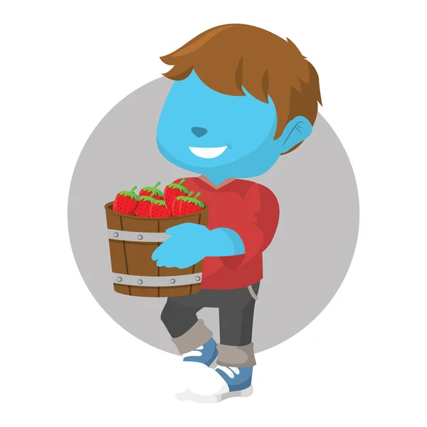 Menino azul segurando um balde de morango — Vetor de Stock