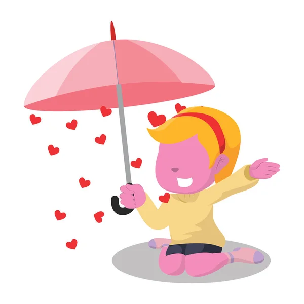 Rosa chica lloviendo corazón dentro de paraguas — Vector de stock