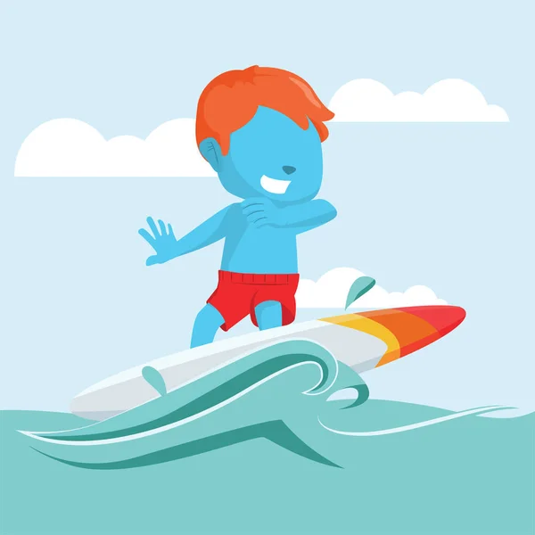 Blauer Junge surft auf See — Stockvektor
