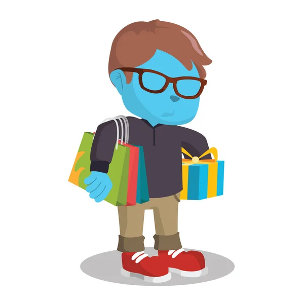 Modrá boy nést nákupní tašku a dárek — Stockový vektor