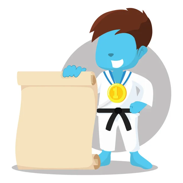 Azul chico karate champ holding papel — Vector de stock