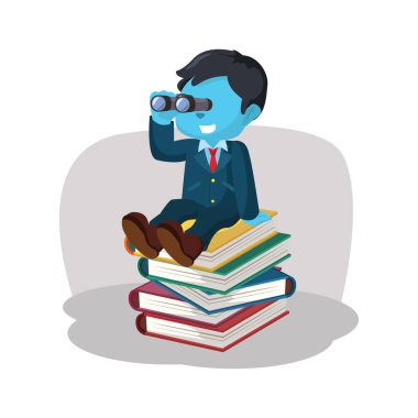 kitap yığını üzerinde mavi iş adamı