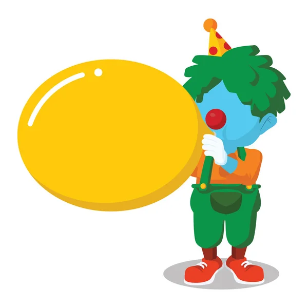 Payaso azul soplando globo grande — Vector de stock