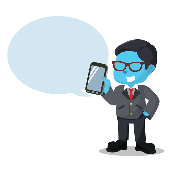 Blue businessman holding phone with callout — Stock Vector
