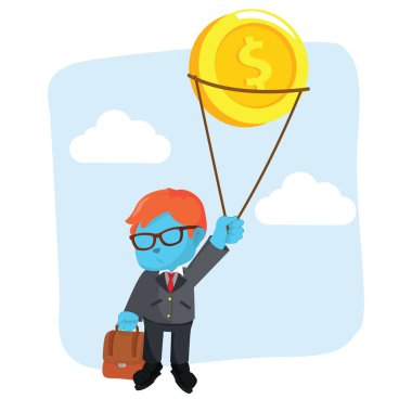 madeni para ile uçan mavi iş adamı