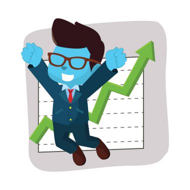 Mavi işadamı grafik ile mutlu