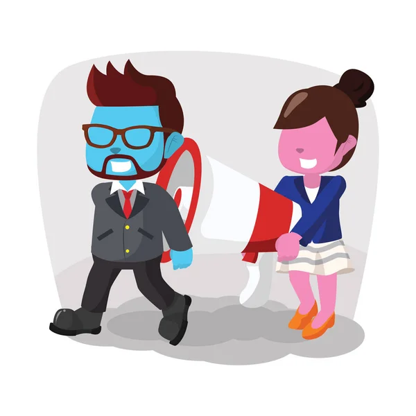 Homem de negócios azul e mulher rosa carregando megafone gigante — Vetor de Stock