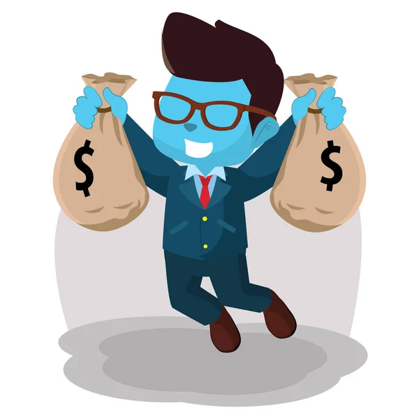 Homem de negócios azul pulando segurando saco de dinheiro — Vetor de Stock
