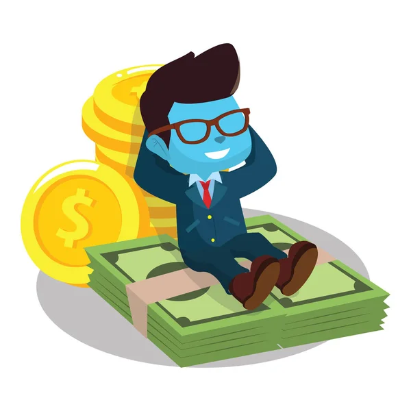 Blue businessman laying on money — Stock Vector