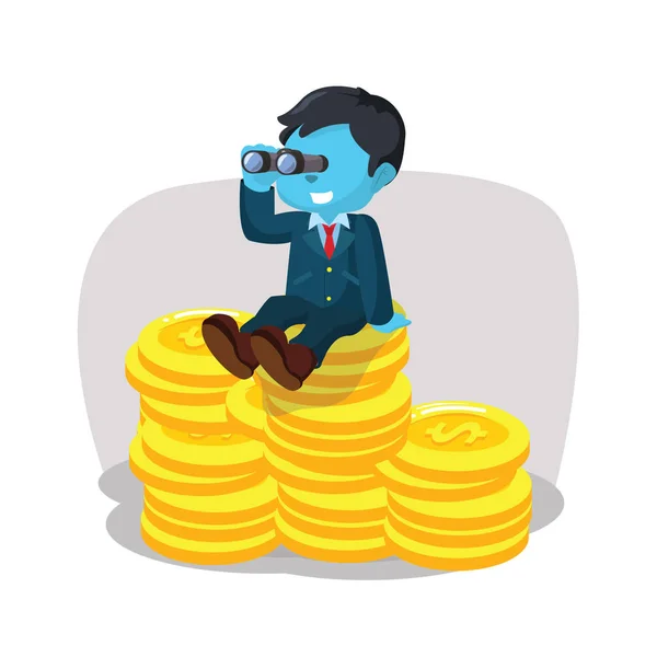 Blauer Geschäftsmann auf einem Stapel Münzen mit Fernglas — Stockvektor