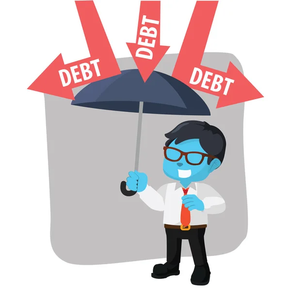 Blå affärsman som täcker från skuld — Stock vektor
