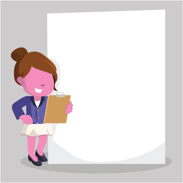 Roze zakenvrouw permanent naast reus papier — Stockvector