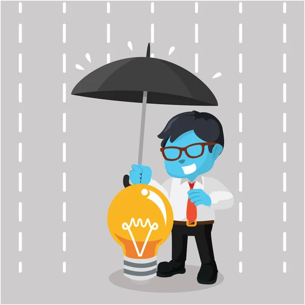 Blue businessman covering idea with umbrella — Stock Vector