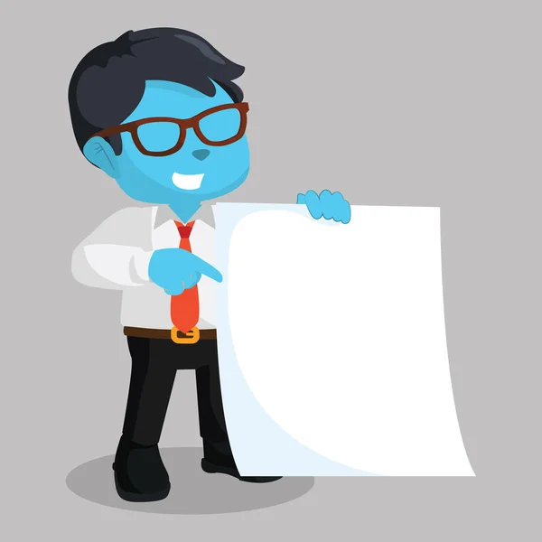 Hombre de negocios azul sosteniendo papel en blanco — Vector de stock