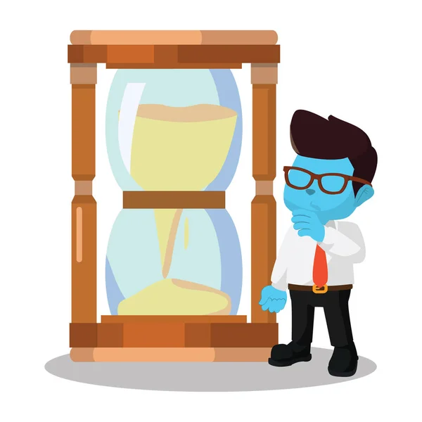 Hombre de negocios azul con reloj de arena gigante — Vector de stock