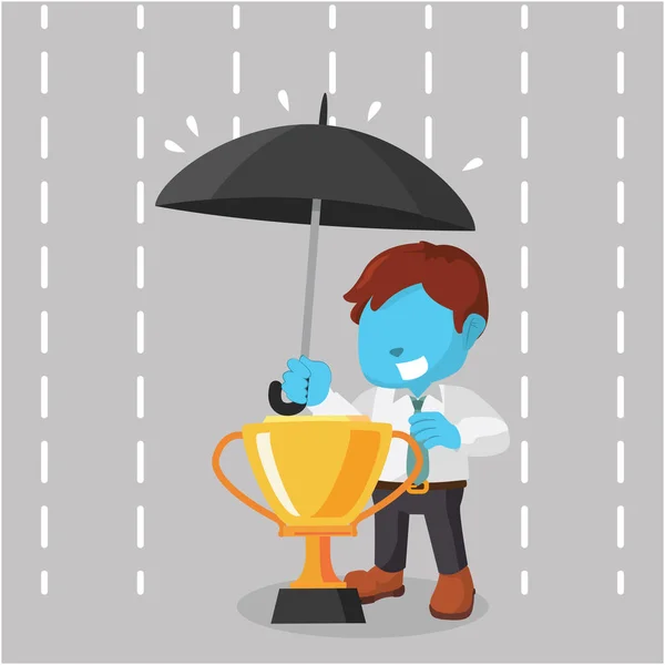 Blauer Geschäftsmann deckt Trophäe mit Regenschirm ab — Stockvektor