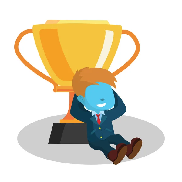 Homme d'affaires bleu relaxant avec trophée — Image vectorielle