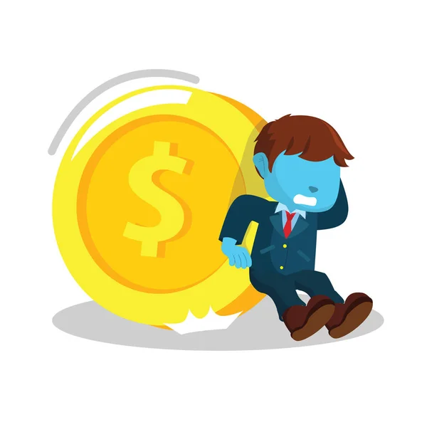 Blue businessman trying to hold giant coin — Stock Vector