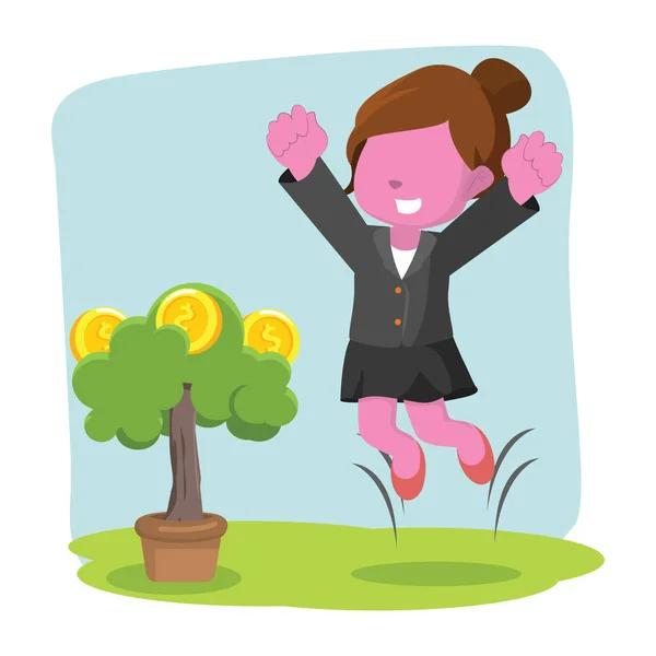Mulher de negócios rosa feliz sua árvore de moeda crescer — Vetor de Stock