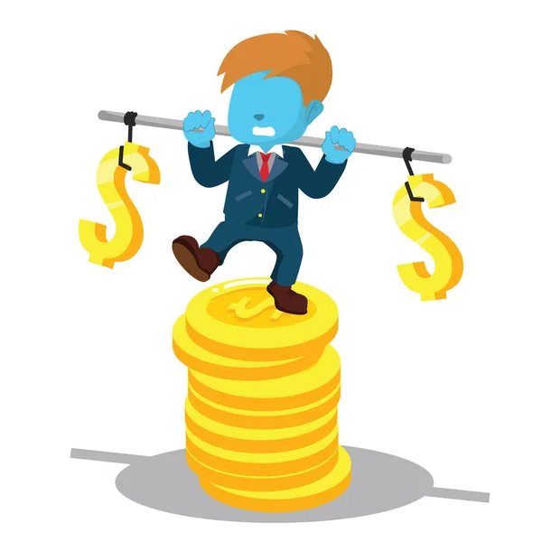 Blauwe zakenman stabiliseren op stapel van munten — Stockvector