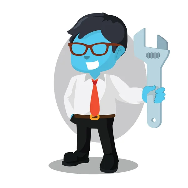 Hombre de negocios azul sosteniendo llave gigante — Vector de stock