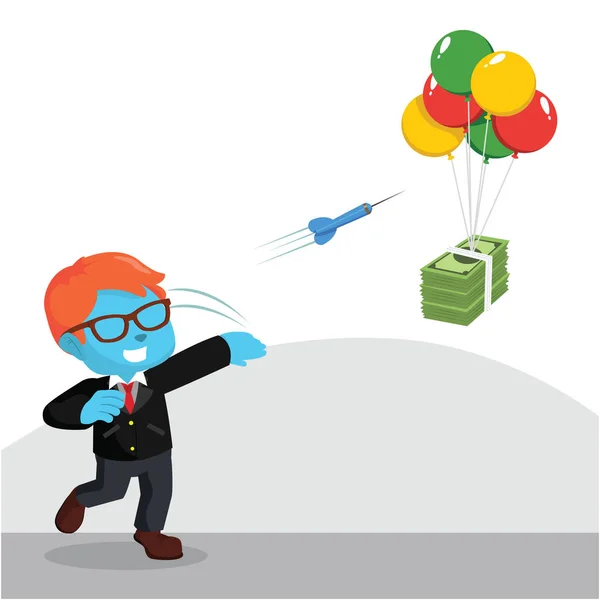 Homem de negócios azul jogando dardos para voar dinheiro —  Vetores de Stock