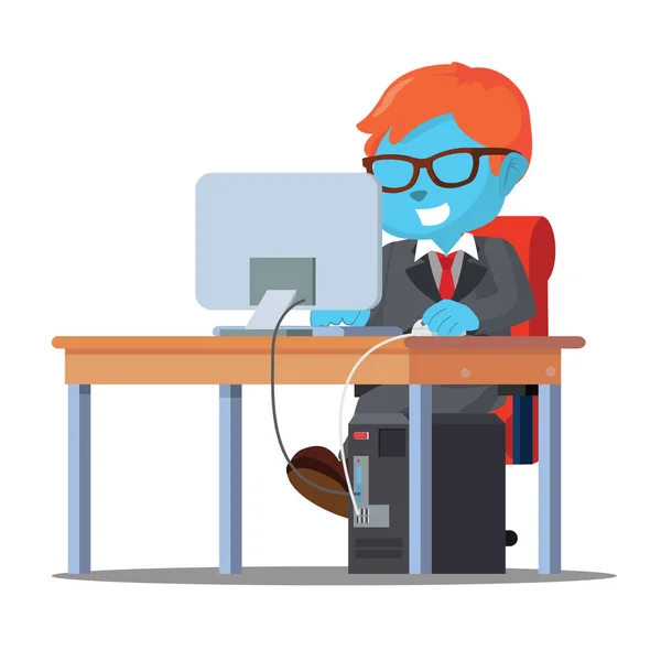 Hombre de negocios azul trabajando en su escritorio — Vector de stock