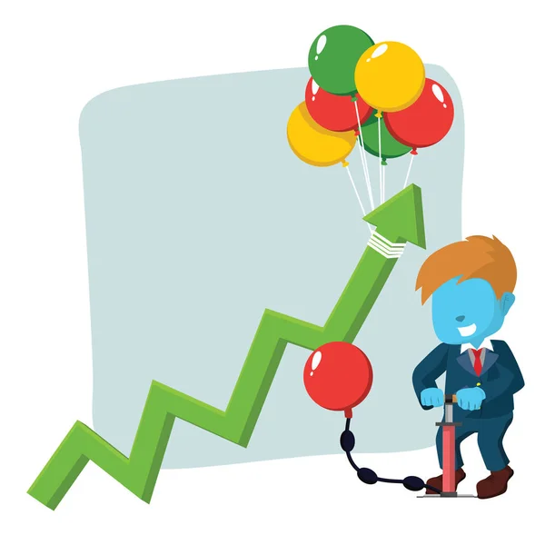 Homem de negócios azul crescente gráfico bombeando balão — Vetor de Stock