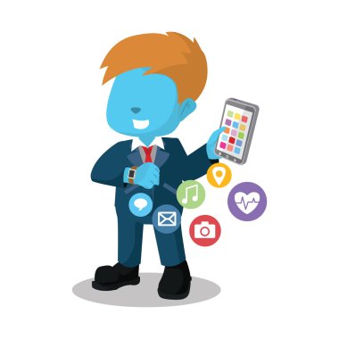 Mavi işadamı smartwatch için cep telefonundan veri aktarma