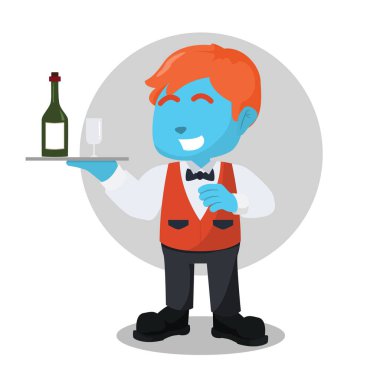 şarap şişesi ve bardağı ile mavi garson