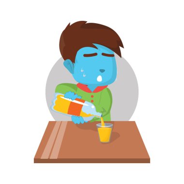 mavi çocuk portakal suyu dökerek