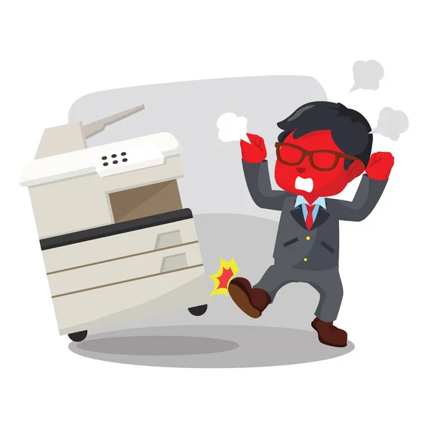 Blue Businessman Angry Kicking Photocopy Machine — Stock Vector