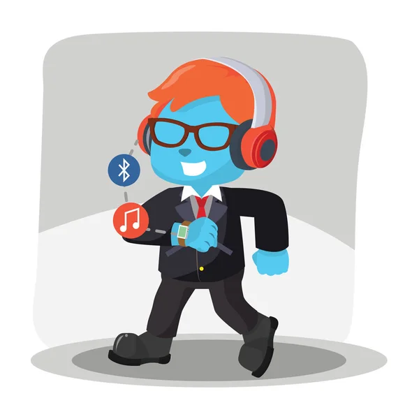 Homem Negócios Azul Andando Ouvir Música Seu Smartwatch — Vetor de Stock