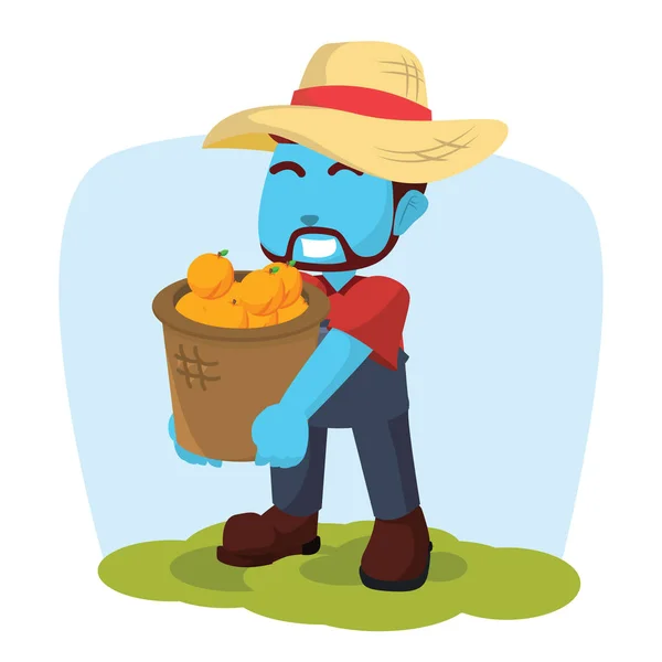 蓝色农夫运载一篮子桔子 — 图库矢量图片